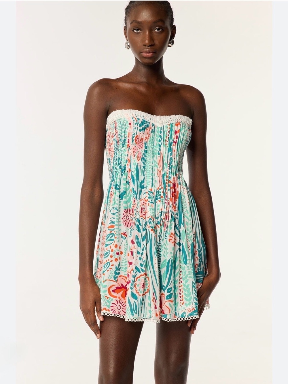 Poupette St. Barth Strapless Floral Mini Dress in Aqua, Coral, White